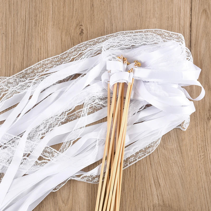 20/50Pcs White Ribbon Wands with Bells Wedding Favors