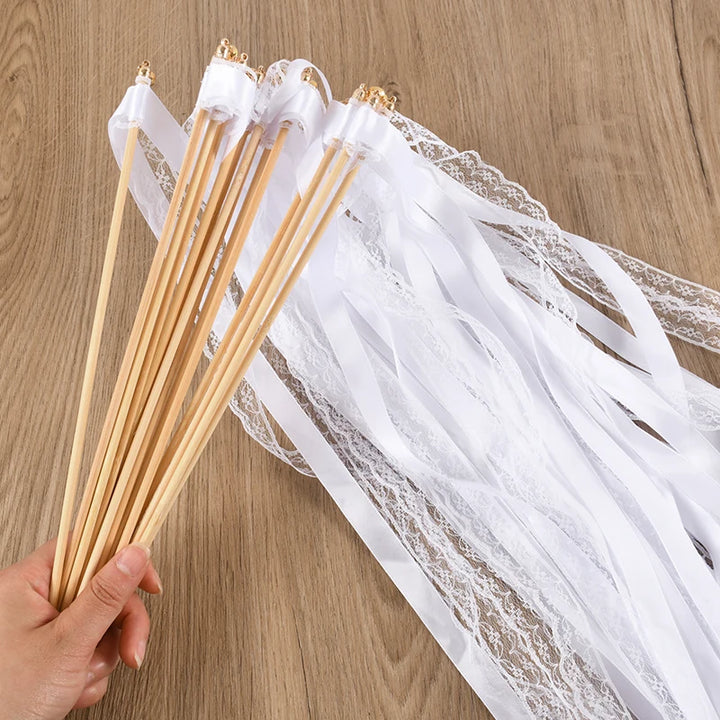 20/50Pcs White Ribbon Wands with Bells Wedding Favors