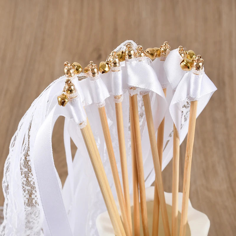 20/50Pcs White Ribbon Wands with Bells Wedding Favors