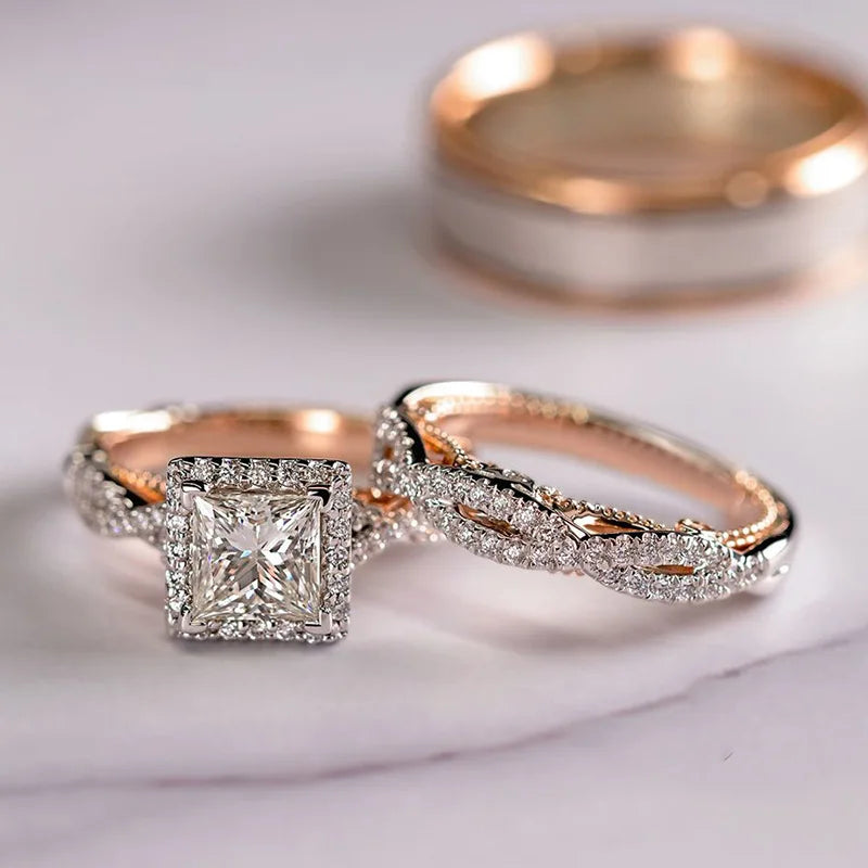 18K Rose Gold Couple Lab Diamond Ring sets Party Wedding