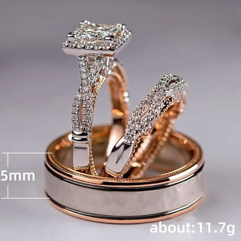 18K Rose Gold Couple Lab Diamond Ring sets Party Wedding