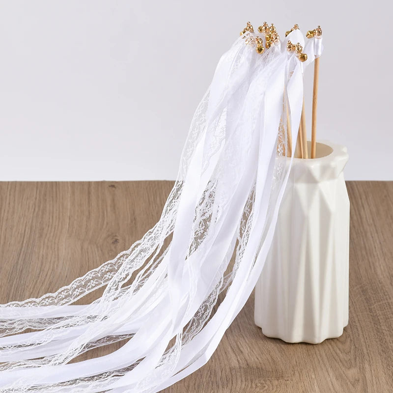 20/50Pcs White Ribbon Wands with Bells Wedding Favors