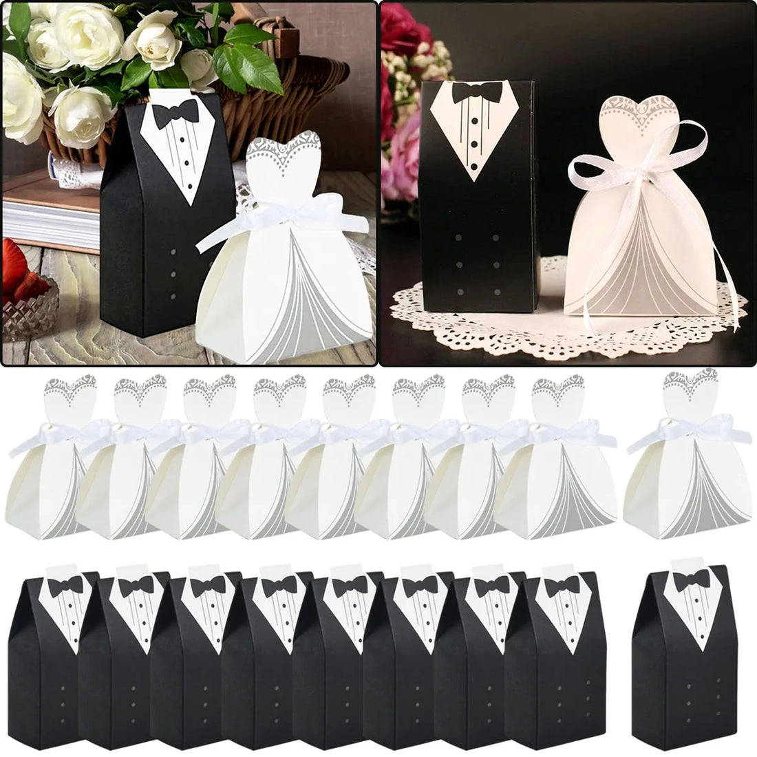 100Pcs Wedding Candy Boxes Groom Bridal Dress Shaped Gifts