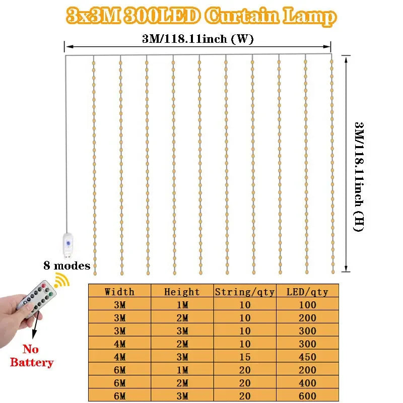 USB Curtain Garland with 8 Modes for New Year Gift